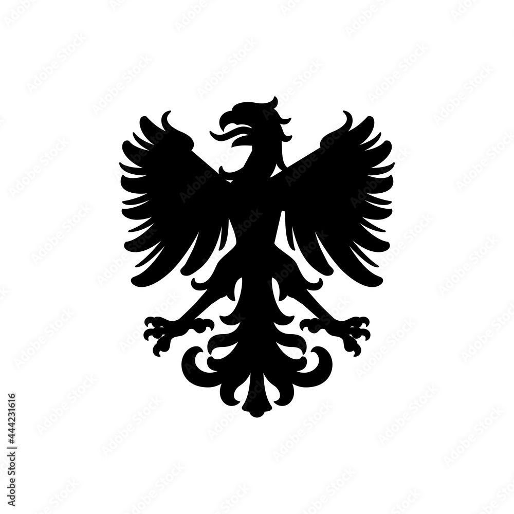 Obraz premium Logo heráldica con silueta de águila medieval de pie en color negro