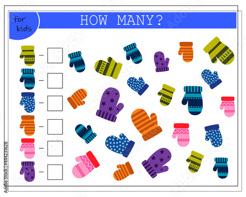 Math game for kids. worksheet count how many mittens. vector isolated on a white background