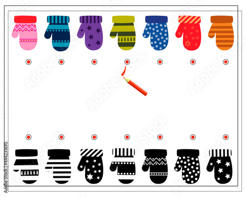 A logical game for children. find the right shade, mittens with ornaments. vector isolated on a white background