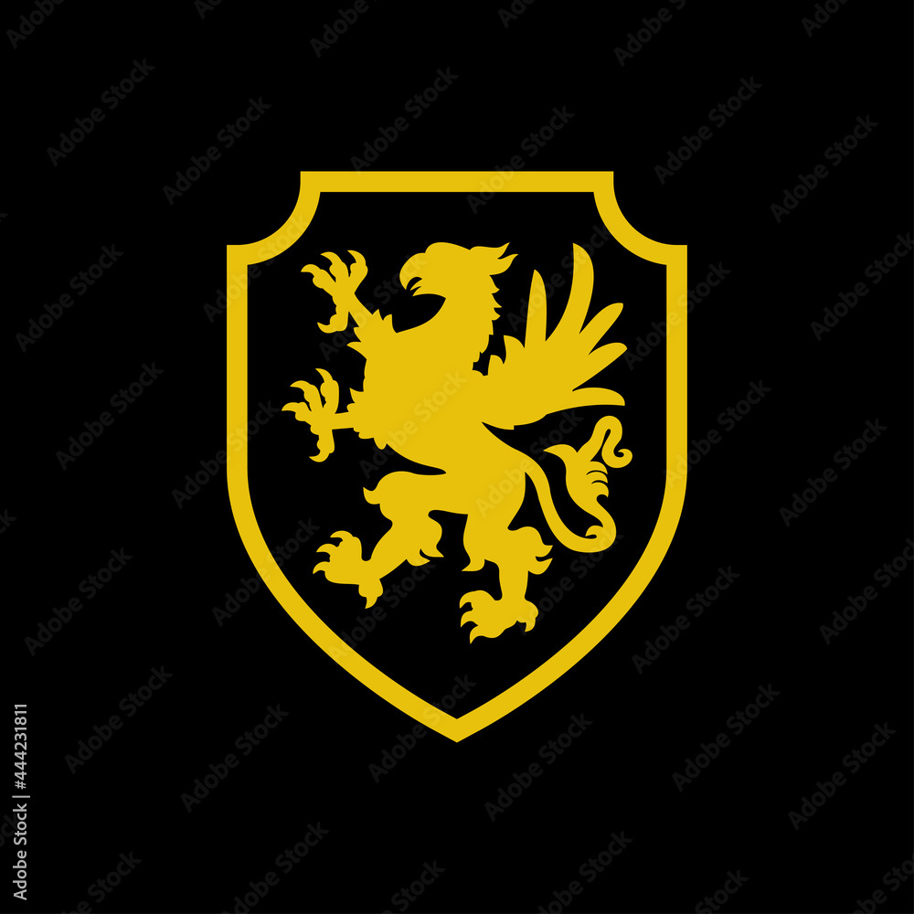 Logo heráldica con silueta de grifo medieval de pie en escudo de color amarillo y fondo negro Logo heráldica con silueta de grifo medieval de pie en escudo de color amarillo y fondo negro