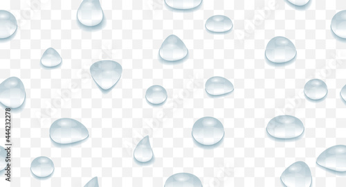 Water drops seamless pattern background. Droplets on transparent glass banner. Realistic rain day drop water overlay concept. Vector illustration. photo