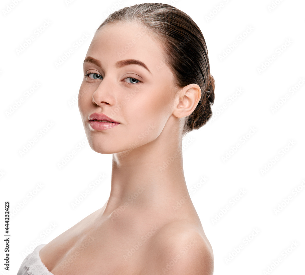portrait of natural young girl with clean facial skin on white background, image for skin care products, girl health solutions portrait of natural young girl with clean facial skin on white background, image for skin care products, girl health solutions