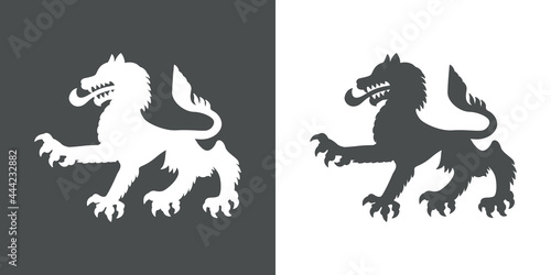Logo heráldica con silueta de lobo o perro medieval en fondo gris y fondo blanco