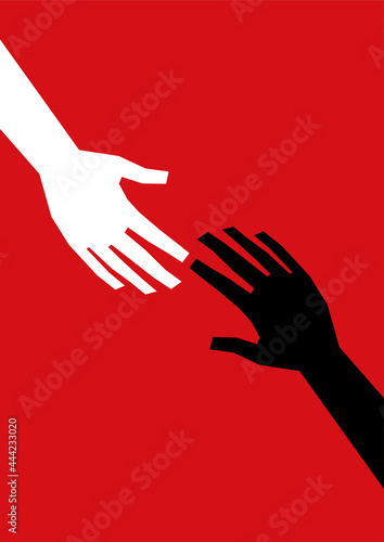 Minimalistic background for the poster. White and black hands in different directions touching fingers on a red background. For A4, A3 banners, advertisements, postcards, leaflets. Help, support