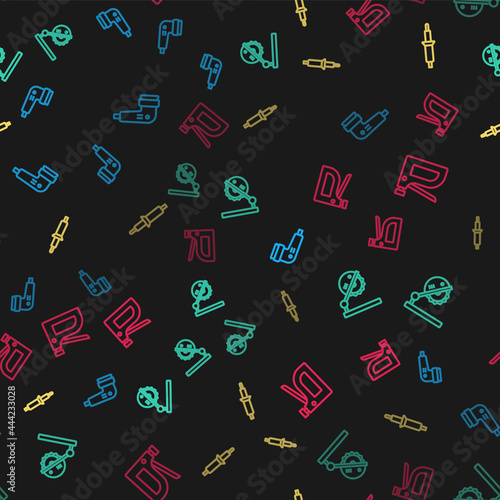 Set line Electric sander, Table saw for woodwork, Soldering iron and Construction stapler on seamless pattern. Vector