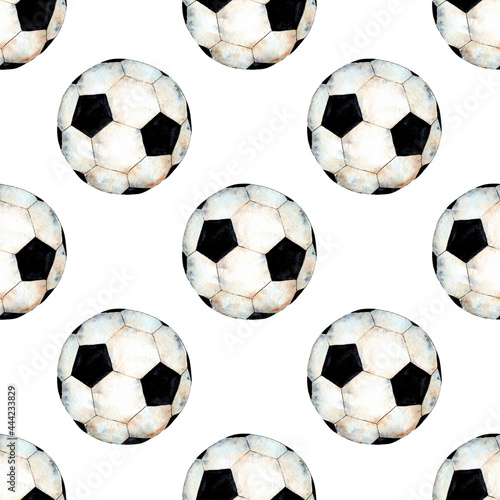 Watercolor illustration of a soccer ball pattern. Sports symbol. Seamless repeating print of the World Cup. Isolated over white background. Drawn by hand.