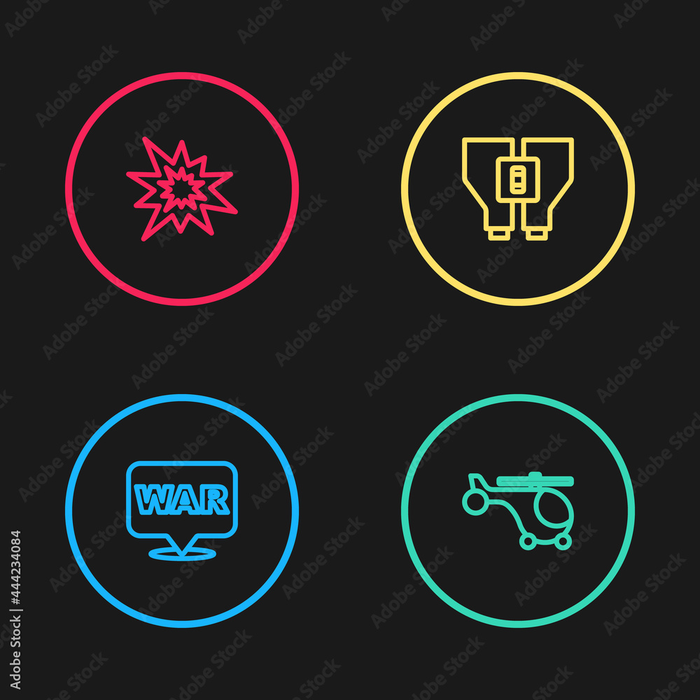 Set line The word war, Helicopter, Binoculars and Bomb explosion icon. Vector Set line The word war, Helicopter, Binoculars and Bomb explosion icon. Vector