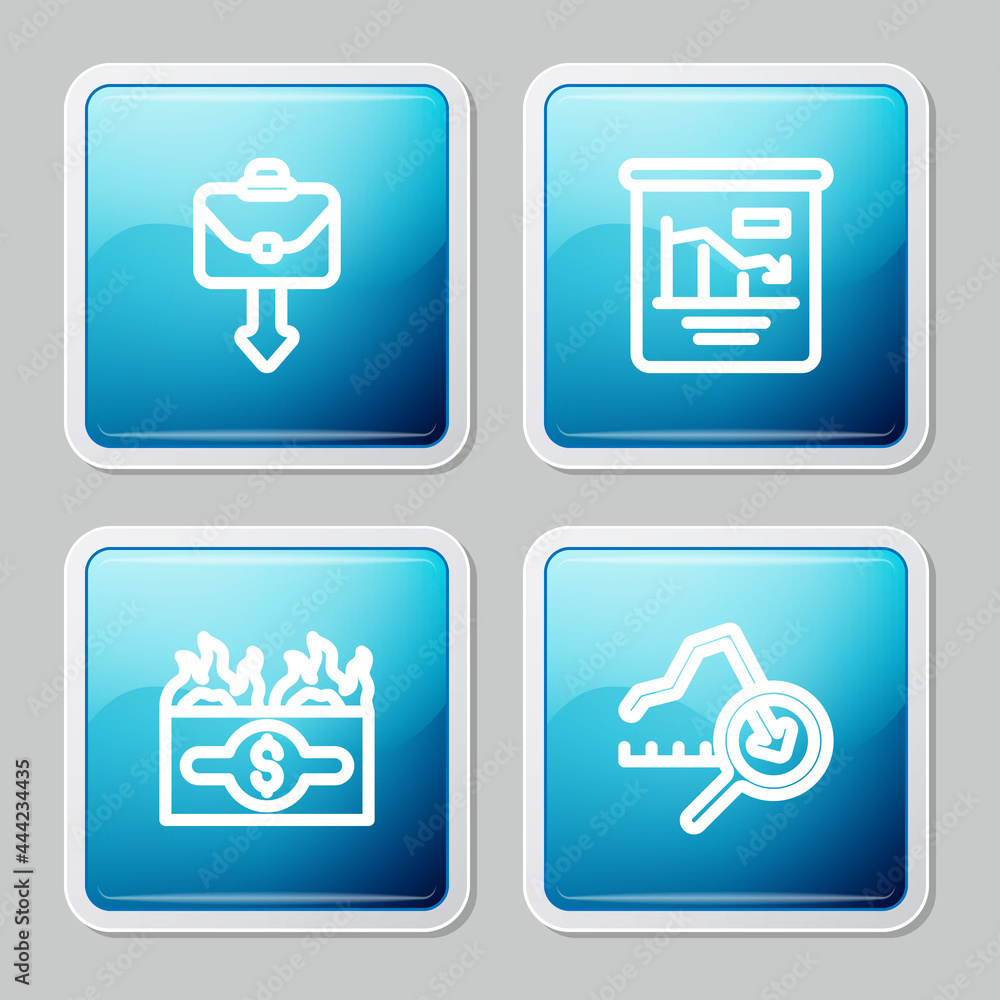 Set line Briefcase, Pie chart infographic, Burning dollar bill and Global economic crisis icon. Vector Set line Briefcase, Pie chart infographic, Burning dollar bill and Global economic crisis icon. Vector