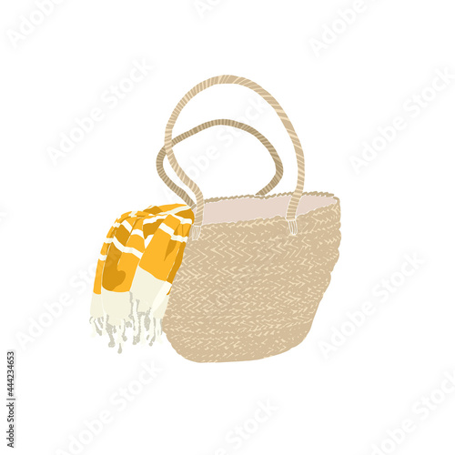 Beach straw bag with towel. Rattan basket tote bag with pestemal. Set of Abstract feminine vector illustrations. Summer trendy simple icons. For instagram post, business advertisement, flyer design.
