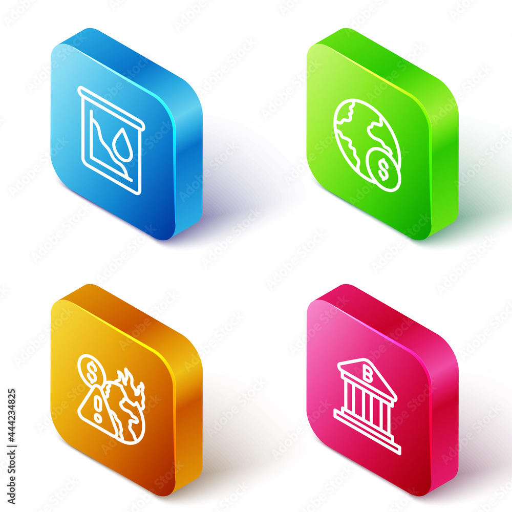 Set Isometric line Drop in crude oil price, Global economic crisis, and Bank building icon. Vector
