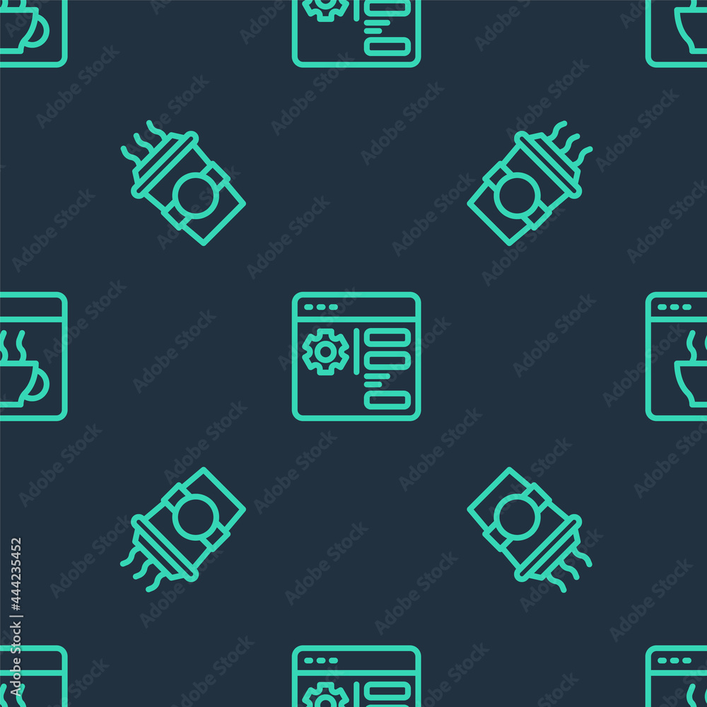 Set line Browser setting, Coffee cup to go and Software on seamless pattern. Vector Set line Browser setting, Coffee cup to go and Software on seamless pattern. Vector