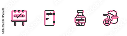 Set line No smoking, Nicotine gum blister pack, area and Smoking pipe with smoke icon. Vector