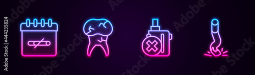Set line No smoking days, Tooth with caries, electronic cigarette and Cigarette butt. Glowing neon icon. Vector