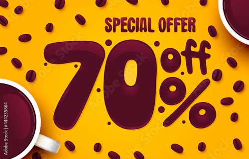 70 percent Off. Discount creative composition. Coffee special offer. Sale banner and poster. Vector