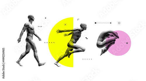 Models of polygonal people in different poses. Walking man. Men is jumping with his hands behind his back. Man lying curl up on a floor. Vector for brochure, flyer, presentation, logo or banner.