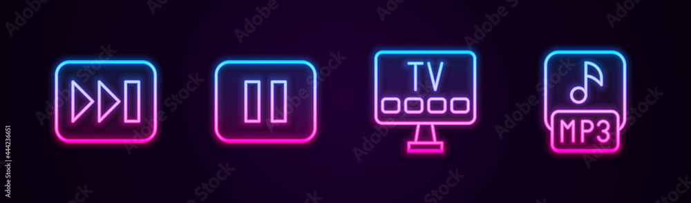 Set line Fast forward, Pause button, Smart Tv and MP3 file. Glowing neon icon. Vector Set line Fast forward, Pause button, Smart Tv and MP3 file. Glowing neon icon. Vector