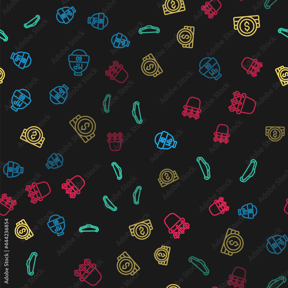 Set line Video game bar, Medieval bow, Ancient coin and Quiver with arrows on seamless pattern. Vector Set line Video game bar, Medieval bow, Ancient coin and Quiver with arrows on seamless pattern. Vector