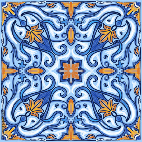 Azulejos Portuguese Dutch tile in shades of blue and yellow colors pattern. Baroque tiles. Vector Baroque. Rococo