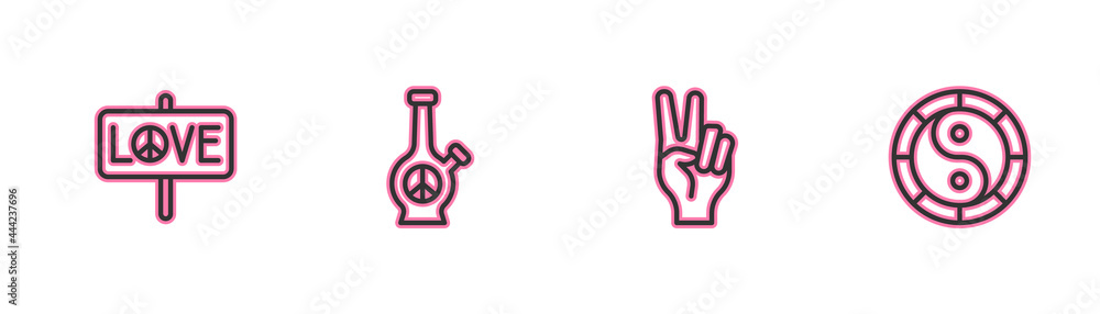 Set line Peace, symbol, Bong and Yin Yang icon. Vector Set line Peace, symbol, Bong and Yin Yang icon. Vector