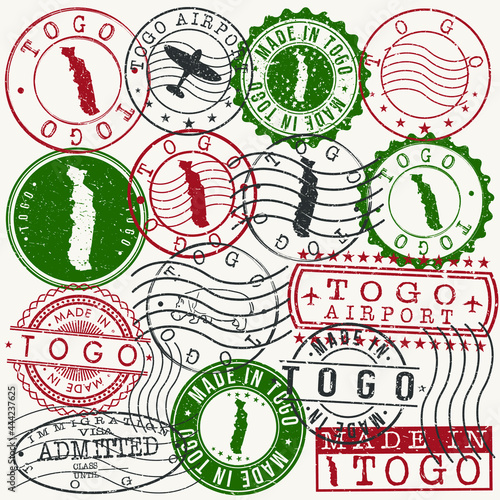 Togo Set of Stamps. Travel Passport Stamps. Made In Product Design Seals in Old Style Insignia. Icon Clip Art Vector Collection.