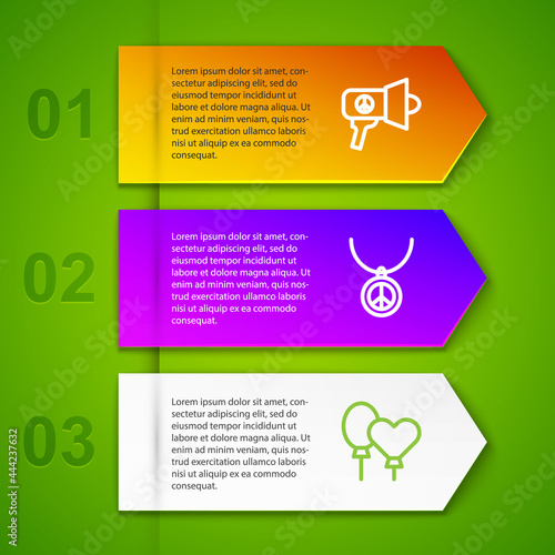 Set line Megaphone, Necklace with peace symbol and Balloons. Business infographic template. Vector