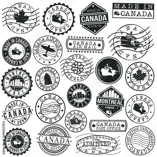 Montreal, QC, Canada Set of Stamp. Vector Art Postal Passport Travel Design. Travel and Business Seals.