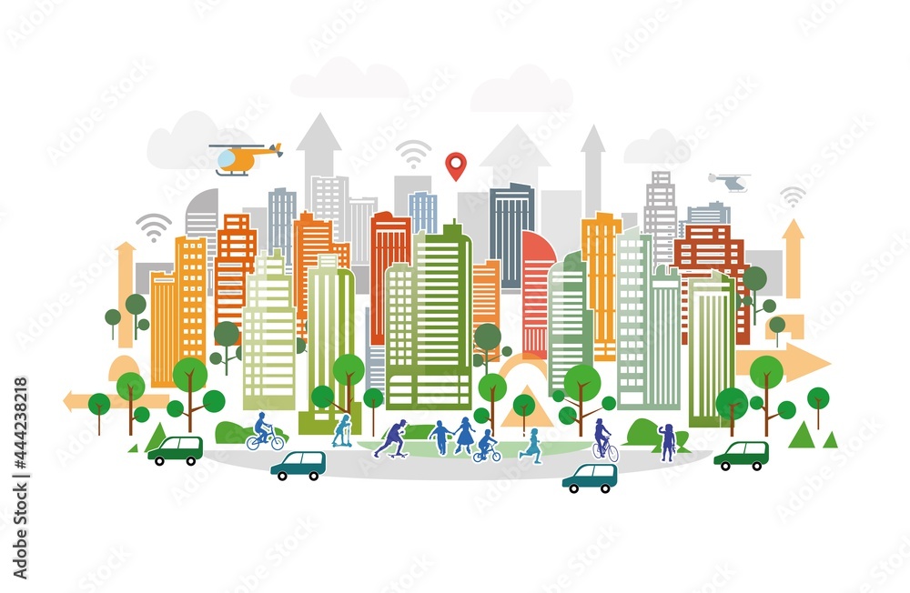Fototapeta premium smart city illustration, urban landscape skyline with skyscraper buildings, park and kids playing