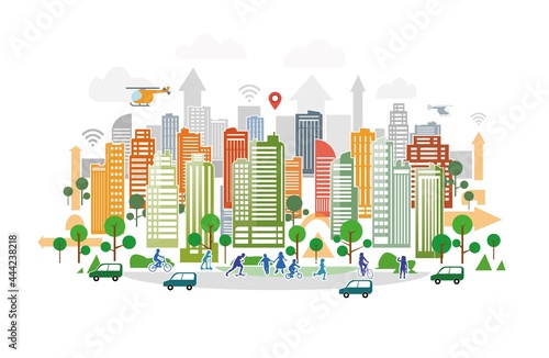 smart city illustration, urban landscape skyline with skyscraper buildings, park and kids playing