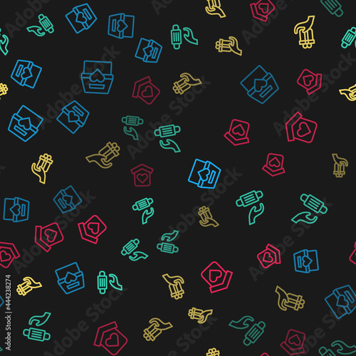 Set line Donation and charity, Medical protective mask, Give gift and Shelter for homeless on seamless pattern. Vector