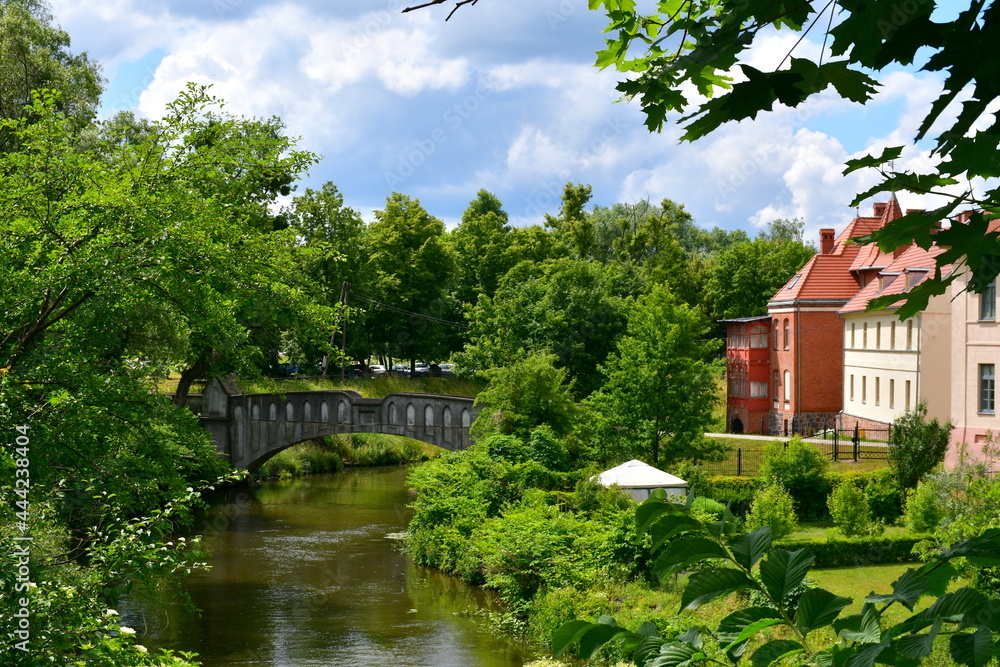 A view of a small river or lake surrounded from all sides with trees, shrubs and other flora with a concrete bridge leading through it seen near some town buildings in summer in Poland