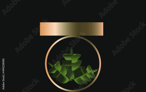 dark background with gold  frame and abstract leaves. vector illustration. 