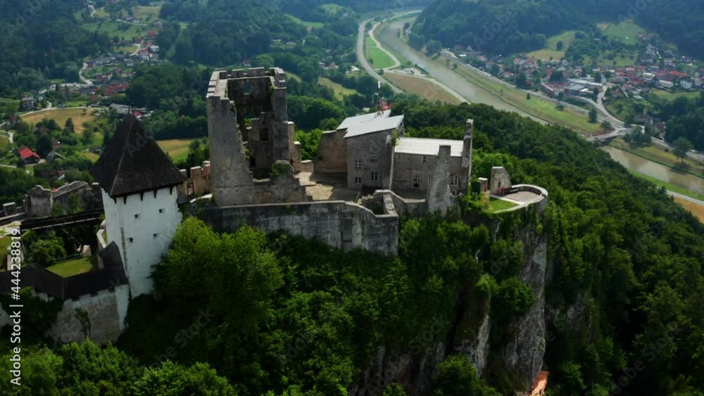 Ruins Of Celje Castle Overlooking The Savinja River In The Southeastern Area Of Celje, Slovenia. aerial, orbit Ruins Of Celje Castle Overlooking The Savinja River In The Southeastern Area Of Celje, Slovenia. aerial, orbit