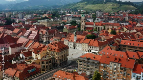 Glavni Bridge Towards The Town Hall In The Main Square Of Maribor City In Slovenia. aerial photo