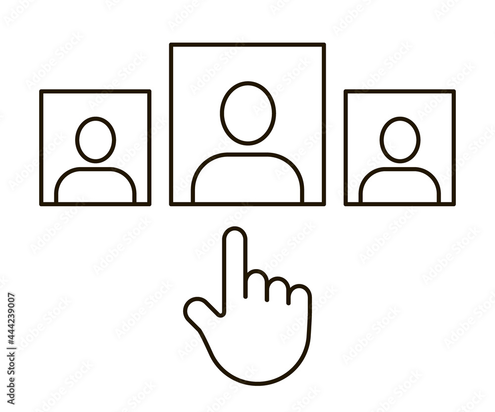 Research resume employer recruit on business work, line icon. Hunter search and choice best candidate on job vacancy. Hand pointer and resume people candidate. Vector Research resume employer recruit on business work, line icon. Hunter search and choice best candidate on job vacancy. Hand pointer and resume people candidate. Vector