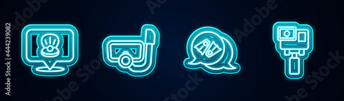 Set line Scallop sea shell, Diving mask with snorkel, Flippers for swimming and Action extreme camera. Glowing neon icon. Vector