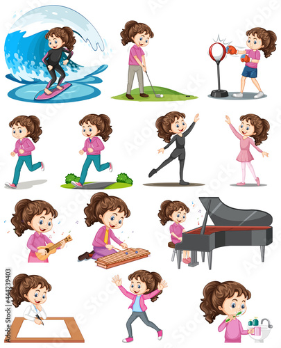 Set of a cute girl doing different activities