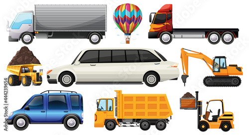 Set of different kind of cars and trucks isolated on white background