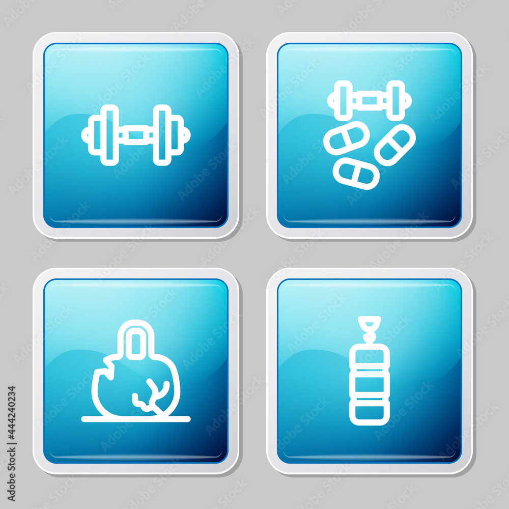 Set line Dumbbell, Sports doping with dumbbell, Broken weight and Punching bag icon. Vector Set line Dumbbell, Sports doping with dumbbell, Broken weight and Punching bag icon. Vector
