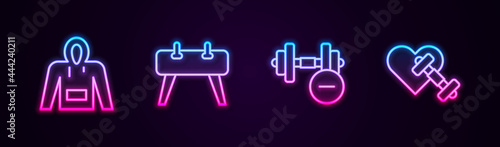 Set line Hoodie, Pommel horse, Dumbbell and with heart. Glowing neon icon. Vector