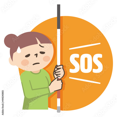 白杖を掲げてSOSを示す女性