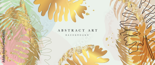 Abstract art gold tropical leaves background vector. Luxury wallpaper with watercolor, tropical leaf framed, palm leaf, flower,Vivid foliage, exotic green and gold brush glitter.