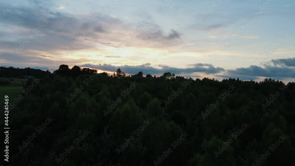 Aerial flight over beautiful calm landscape green mixed forest in sunrise or sunset light, summer colorful epic cloudy sky. Cinematic countryside woodland Aerial flight over beautiful calm landscape green mixed forest in sunrise or sunset light, summer colorful epic cloudy sky. Cinematic countryside woodland