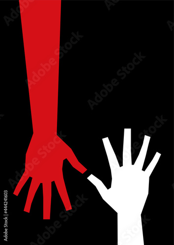 Minimalistic background for the poster, book cover of the genre mystic, horror, romance. White and red hands in different directions touching fingers on a black background. Suitable for A4, A3