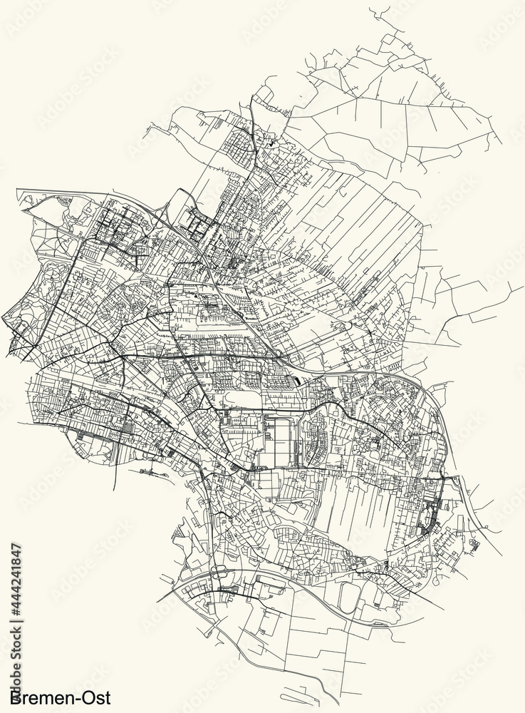 Black simple detailed street roads map on vintage beige background of the quarter Ost (East) district of Bremen, Germany