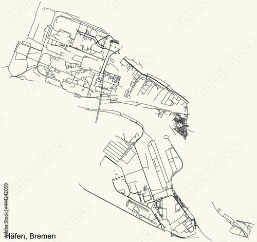 Black simple detailed street roads map on vintage beige background of the quarter Häfen subdistrict of Bremen, Germany