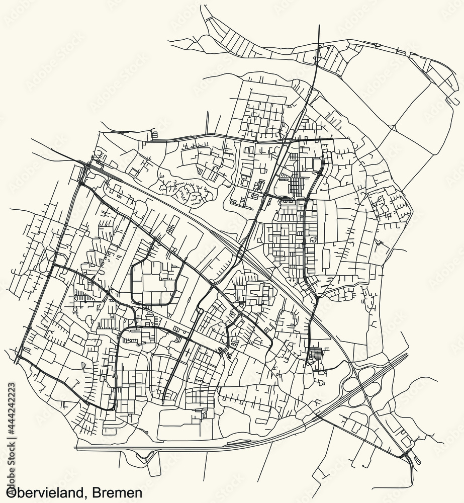 Black simple detailed street roads map on vintage beige background of the quarter Obervieland subdistrict of Bremen, Germany