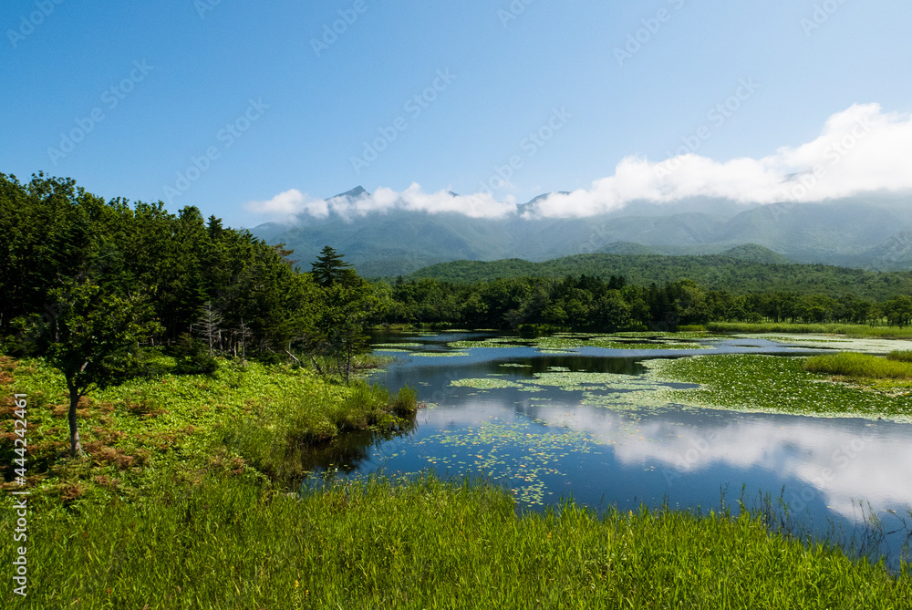 雲の写る湖と森　北海道