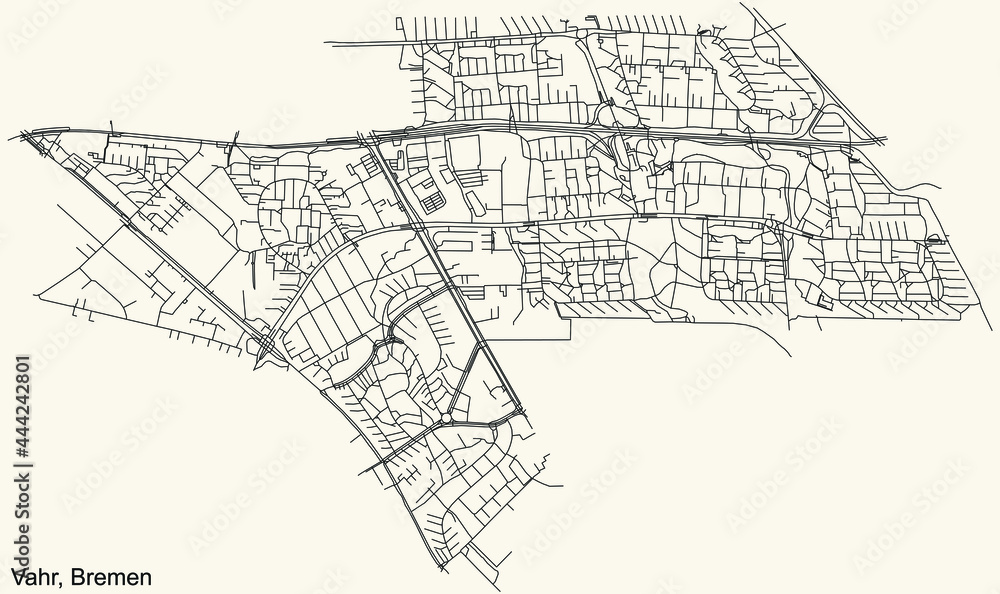 Black simple detailed street roads map on vintage beige background of the quarter Vahr subdistrict of Bremen, Germany