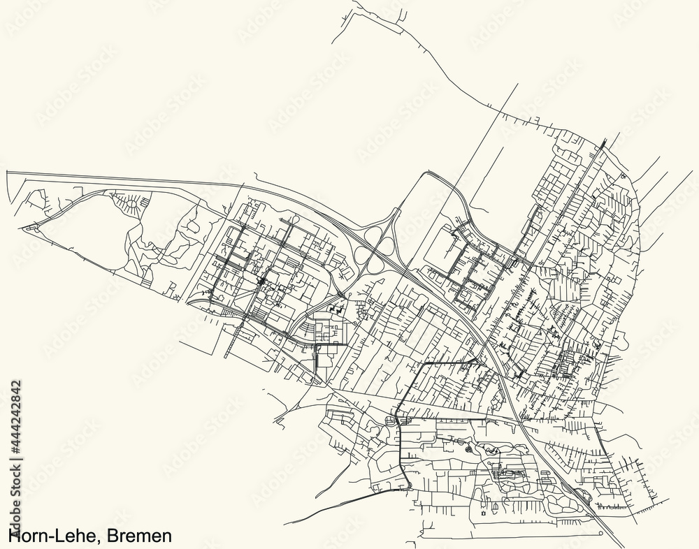 Black simple detailed street roads map on vintage beige background of the quarter Horn-Lehe subdistrict of Bremen, Germany