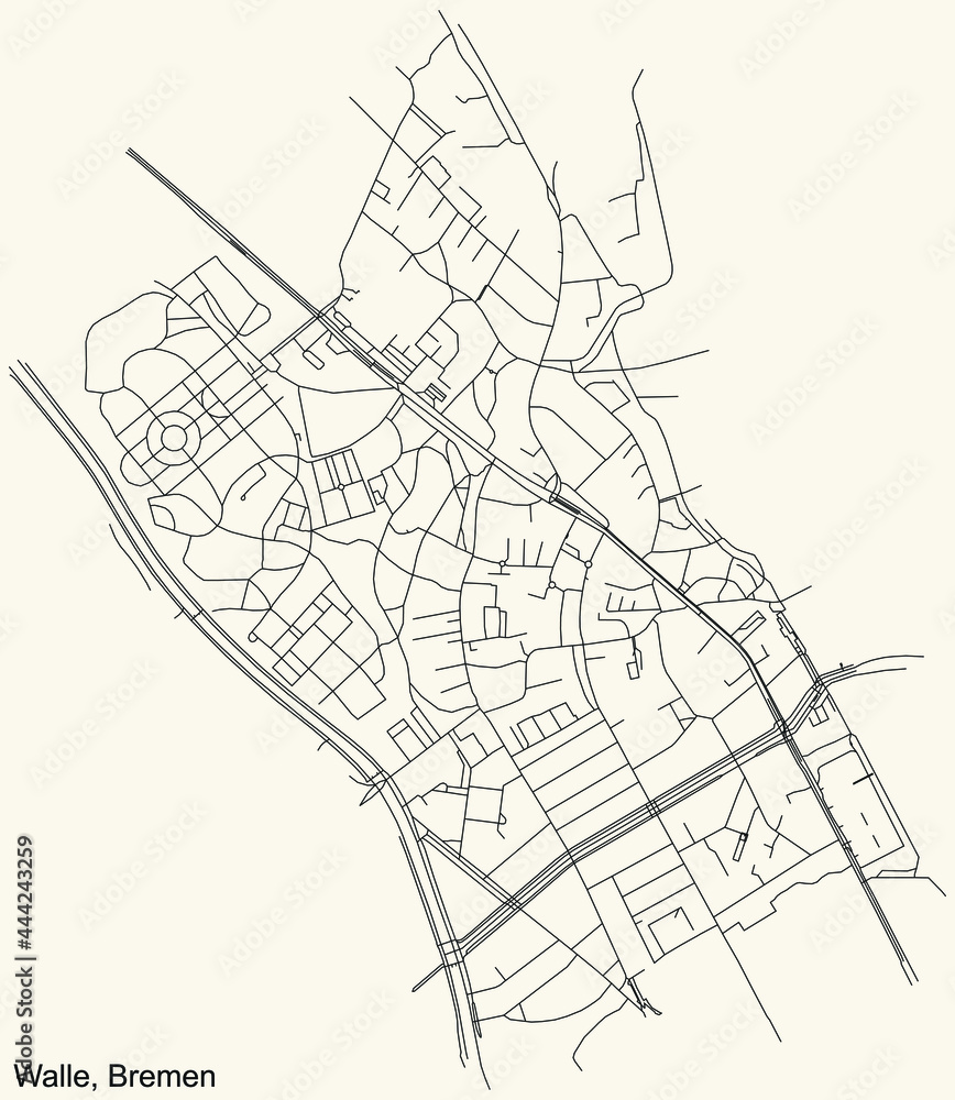 Black simple detailed street roads map on vintage beige background of the quarter Walle subdistrict of Bremen, Germany